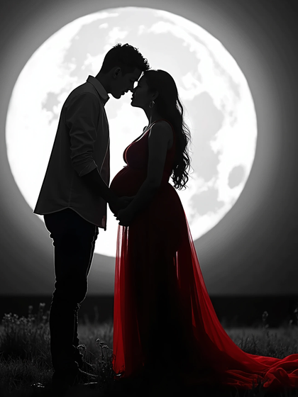 A creative silhouette of a couple against the moon, with the red of the gown selectively colored for a striking artistic effect.