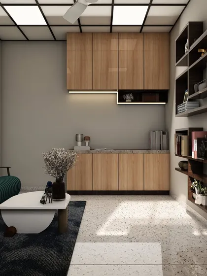 We also design compact pantry or coffee stations within office spaces for added convenience, as seen in this render with wooden cabinets and a small countertop.