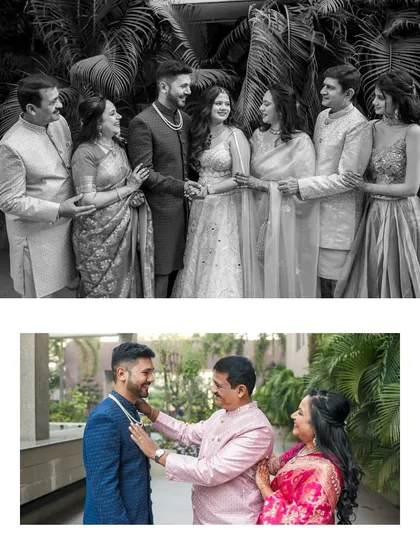 A story of two families becoming one. The top frame shows the couple with their families, while the bottom captures a sweet moment of the groom's parents helping him get ready.