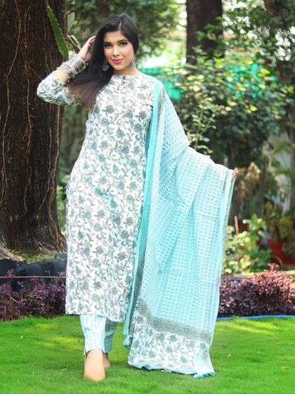 A full-length view of this beautiful white and blue floral printed suit. The flowing dupatta adds a touch of grace, making it a versatile outfit for both casual and semi-formal settings.