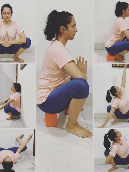 I believe yoga should be accessible to everyone. This image collage shows multiple variations of Malasana (Yogi Squat), using props like a block and a wall for support. It’s a great example of how we can adapt poses to fit your body's unique needs and mobility levels.