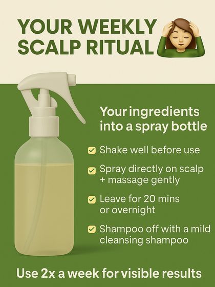 This is your new weekly scalp ritual. Just shake the ingredients in a spray bottle, apply to your scalp, leave for 20 minutes or overnight, and then shampoo. Use it twice a week for visible results.
