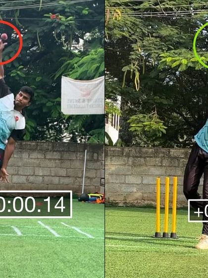 A side-by-side comparison at the same time frame (.14 seconds). The 'after' image shows the ball is still in hand, demonstrating the improved coordination and delayed release we worked on to enhance consistency.