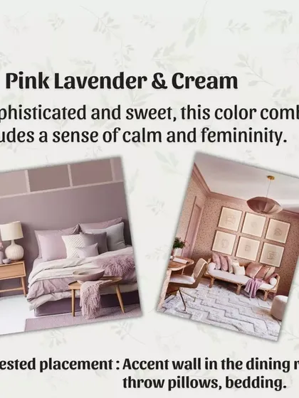 The Pink Lavender & Cream palette is sophisticated and sweet. This color combination exudes a sense of calm and femininity, perfect for an accent wall in a dining room or for soft bedding.