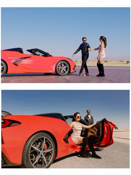 This diptych captures the high-octane glamour of a Dubai pre-wedding shoot. A red convertible sports car adds a touch of luxury and excitement to their modern love story.