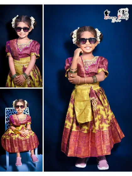 I love capturing the personality of little ones. This is a collage from a kids' photoshoot, showing different poses in a traditional pattu pavadai dress. I use professional lighting and fun props to make children feel comfortable and get these amazing, stylish shots.