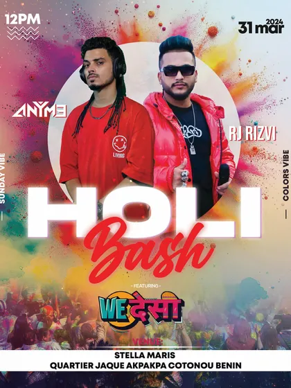 The official event poster for the Holi Bash in Benin, Africa, featuring me and RJ Rizvi. We bring the authentic Indian festival vibe wherever we go.
