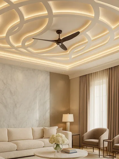 A false ceiling should be both beautiful and functional. This design incorporates elegant, sweeping curves with integrated lighting and a provision for a central ceiling fan, proving that you don't have to sacrifice style for practicality.