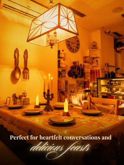 This view shows one of our dining tables ready for guests, set against the backdrop of our dessert counter. It’s the perfect spot for heartfelt conversations over a delicious feast.