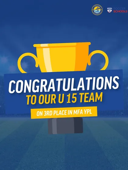 A graphic celebrating our U15 team's third-place finish in the MFA YPL. This success is a key part of our long-term development pathway, teaching players to handle pressure and execute game plans.