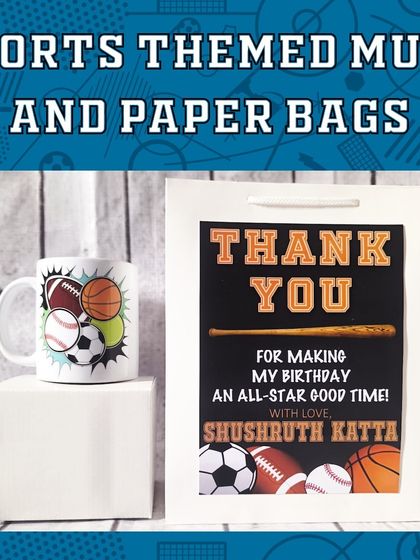 This sports-themed mug and paper bag set is great for a multi-sport party. The mug features various sports balls, and the bag has a personalized "All-Star" thank you message.