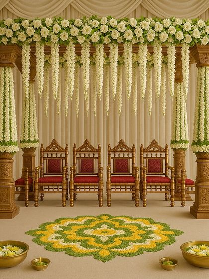 This traditional mandap setup includes ornate chairs for the bride and groom's parents, ensuring the whole family is part of the sacred ceremony.