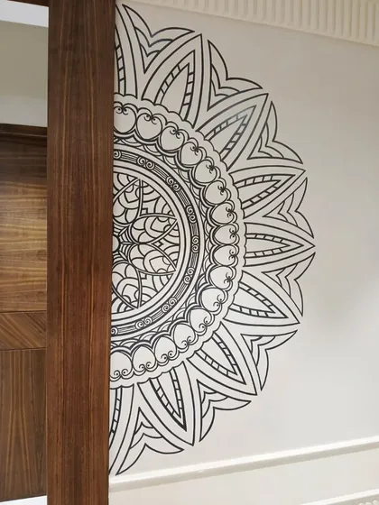 A mandala doesn't always need to be centered. For this living room, I painted a half-mandala to create a unique focal point that integrates with the architecture. This shows how custom art can be designed to fit your space perfectly, rather than the other way around.