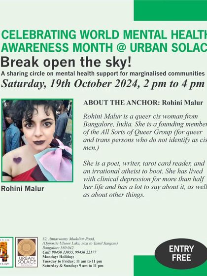 Our anchor for the "Break open the sky!" event, Rohini Malur. A poet, writer, and founding member of the All Sorts of Queer Group, she guided the conversation with empathy and experience.