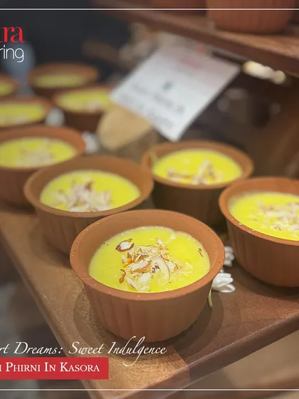 Our Kesari Phirni is served traditionally in earthen kasoras (clay pots). This saffron-flavoured rice pudding is a rich and creamy dessert that delights the senses.