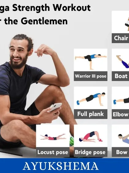 A yoga strength workout designed for men, featuring powerful poses like Warrior III, Boat Pose, and various planks to build a strong core and body.