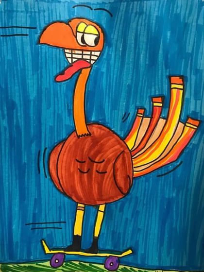 A turkey on a skateboard. Our lessons are designed to be fun and out-of-the-box, sparking creativity and keeping students engaged.