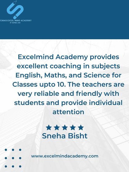 Sneha Bisht's review points out our excellent coaching in English, Maths, and Science up to Class 10, emphasizing our reliable, friendly teachers and individual attention.