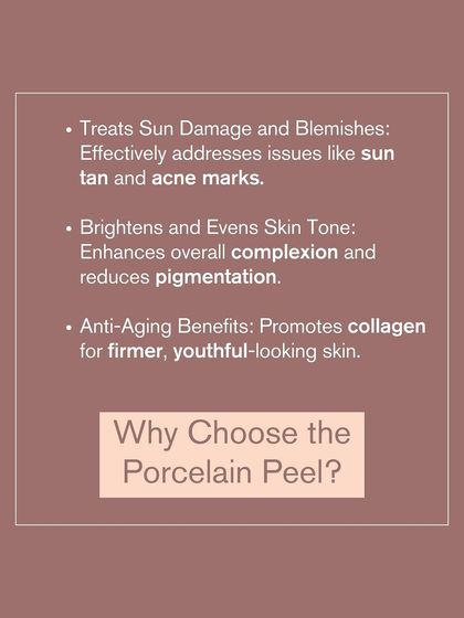 This graphic explains why the Porcelain Peel, or Carbon Laser Peel, is a great choice. It treats sun damage, brightens skin tone, and offers anti-aging benefits by promoting collagen.