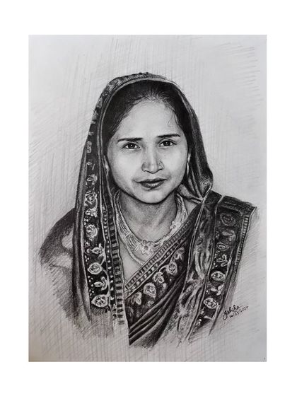 This detailed pencil sketch was for a Mother's Day contest winner. I loved capturing the intricate design of her saree's border and her serene expression.