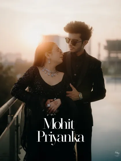 For Mohit and Priyanka, we created a modern, stylish portrait against the sunset. This shot shows the glamorous side of wedding celebrations, perfect for reception or pre-wedding couple photography.