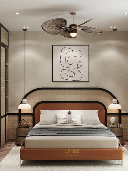 A bedroom designed in a Japandi theme, blending Japanese minimalism with Scandinavian simplicity. The room features a bed with a curved upholstered headboard, natural wood tones, and a large wardrobe with rattan paneling.
