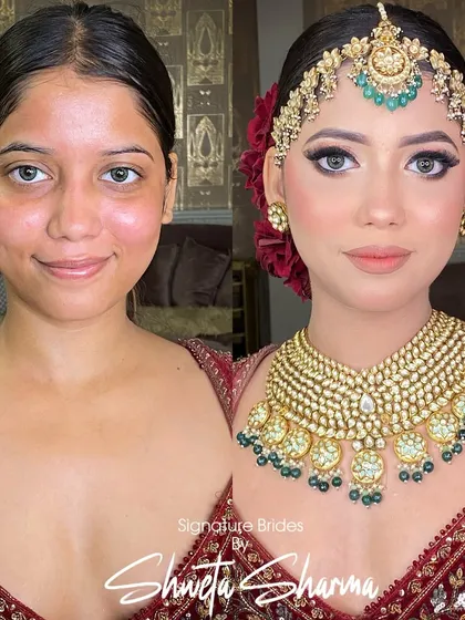 A before-and-after of one of my signature brides, showing the complete transformation into a radiant and confident bride.