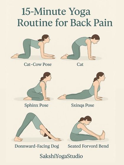 This is a 15-minute illustrated routine for back pain. It includes foundational poses like Cat-Cow, Sphinx, and Downward-Facing Dog. Holding each pose for 20-30 seconds can provide very effective relief.