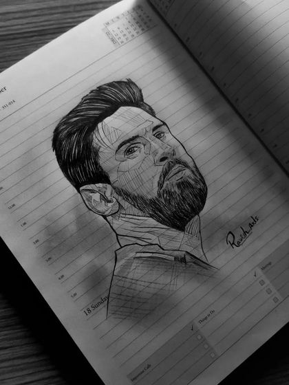 A black and white version of my finished Messi sketch, capturing his focused expression.