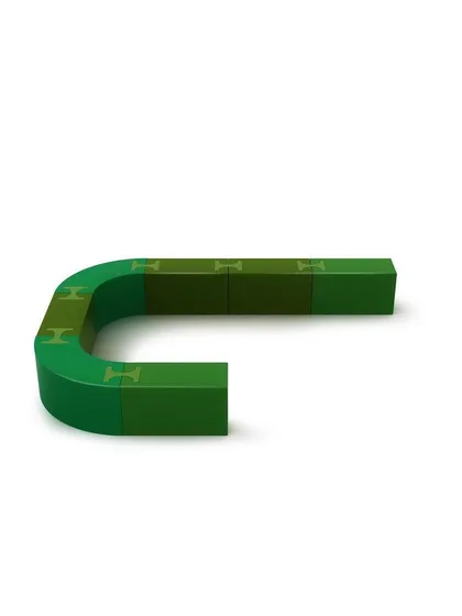 A product view of the LOKI bench in a U-shaped layout. This highlights the seamless connection between the straight and curved modules, creating a clean and continuous seating element.