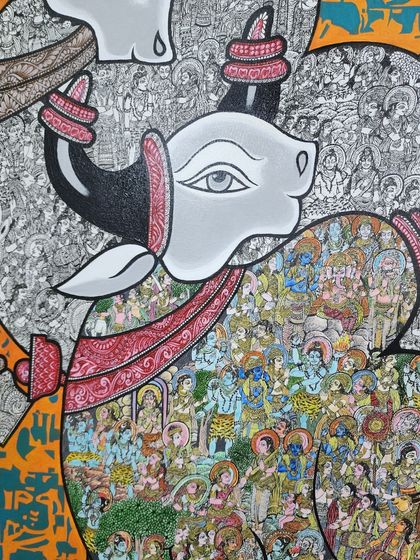 This detail shot highlights one of the four bulls, its body filled with scenes from the Shiv Mahapuran. The contrast between the simple, bold outline of the bull and the complex storytelling within is a core element of this piece, blending macro and micro perspectives.