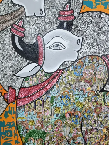 This detail shot highlights one of the four bulls, its body filled with scenes from the Shiv Mahapuran. The contrast between the simple, bold outline of the bull and the complex storytelling within is a core element of this piece, blending macro and micro perspectives.