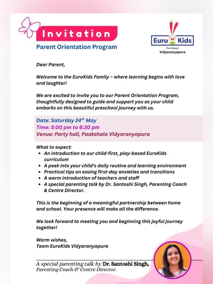 This is an invitation to one of our Parent Orientation Programs, a session designed exclusively for parents. In these meetings, I provide a detailed introduction to our child-first curriculum, share practical tips for easing first-day anxieties, and answer all your questions about your child's journey with us.