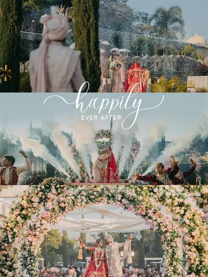 A collage capturing the essence of a "happily ever after," from the groom's first look to the dramatic Varmala with smoke effects and the final kiss under a floral arch.