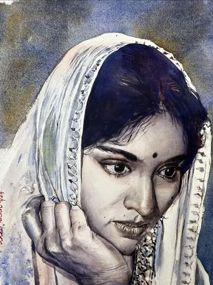 A close-up of the Vyjayanthimala portrait, focusing on her expressive eyes and the delicate details of the white veil.