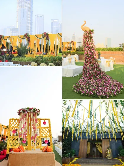 A collage showcasing my versatility in decor, from a rooftop Haldi with a floral peacock to a traditional setup with marigold hangings.
