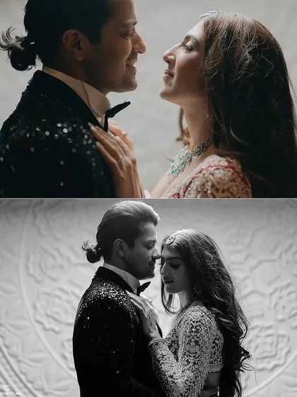 A collage of intimate couple portraits. The mix of color and black and white adds a timeless quality, focusing on their close embrace and the emotional connection between them.