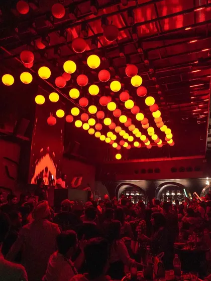 The stunning ceiling light installation at a club in Chandigarh during one of my sets. The venue's ambiance plays a huge role in the overall experience.