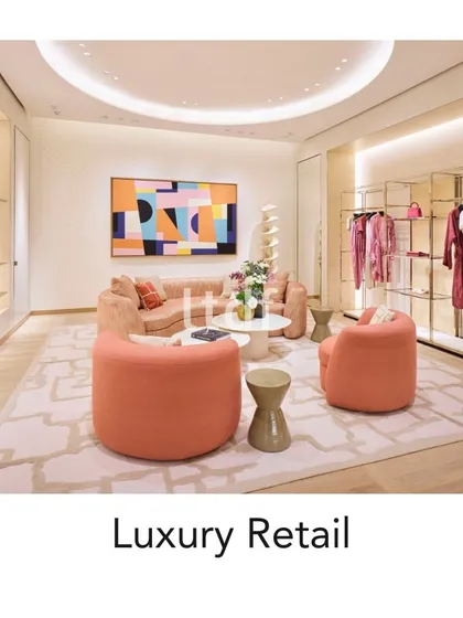 This luxury retail store is designed to provide comfort and indulgence. The playful mix of pink and peach, paired with touches of gold and white, creates an inviting and relaxing atmosphere, making the shopping experience both elegant and rejuvenating.
