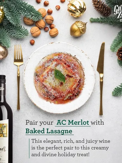 A duplicate of 97, this image showcases the comforting and delicious pairing of our Art Collection Merlot with a baked lasagna.