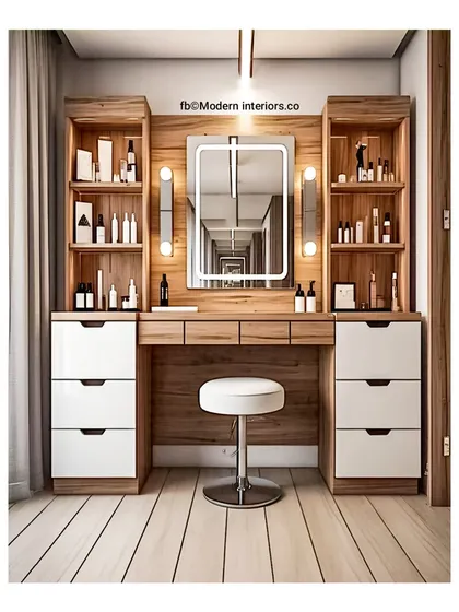 Every bedroom deserves a little glam corner. This dressing table unit is designed for just that, with a large, beautifully lit mirror and plenty of organized storage for makeup and accessories. The combination of wood and white laminate keeps it looking modern and chic.
