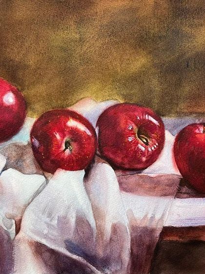The final version of the apple still life. The warm, earthy tones of the background complement the deep red of the apples.