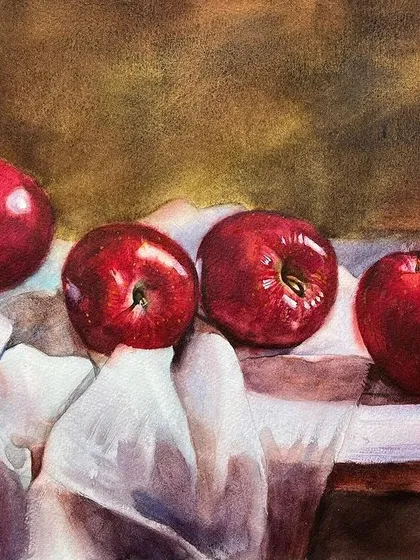 A still life of red apples on a wooden surface. This piece is a study in capturing the glossy texture of the apples and the rustic feel of the wood.