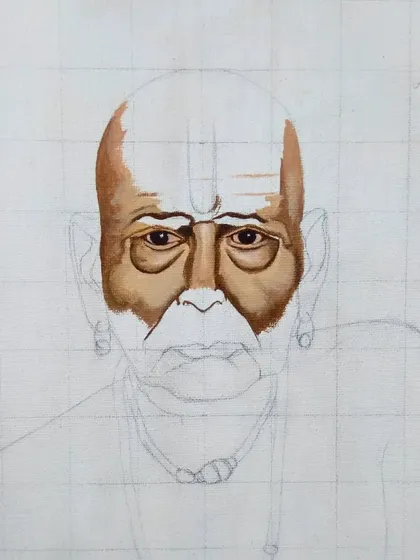 The Swami Samarth portrait is taking shape. In this stage, I've established the main facial structure and shadows, working my way down from the top of the head.