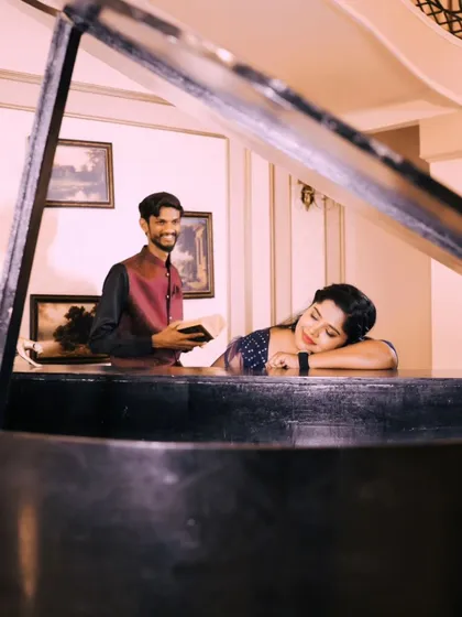 A romantic and artistic photo with a grand piano. This setup is ideal for couples who appreciate music and classic romance.
