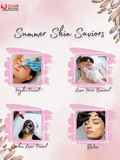 Our top summer skin saviors. We recommend treatments like HydraFacial for hydration, Laser Hair Removal for smoothness, Carbon Laser for detox, and Botox for a youthful appearance.