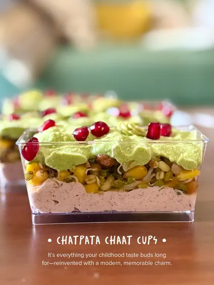 I love giving classic Indian street food a modern twist. My Chatpata Chaat Cups are a perfect example. They feature layers of tangy kokum yogurt, zesty mint cilantro chutney, sprouted moong, and sweet corn, all topped with pomegranate seeds for a burst of flavor and texture.