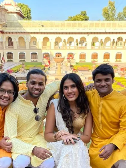 We love a good destination wedding! Posing here in our ethnic wear for a beautiful palace wedding in Rajasthan. We travel all over the country to bring our music and energy to your special day, no matter the location.