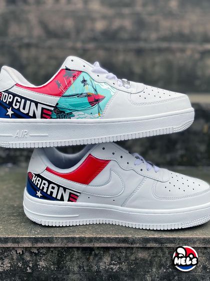 A side-by-side display of the outer designs of the 'Top Gun' custom pair, showing the personalized name and the jet artwork.