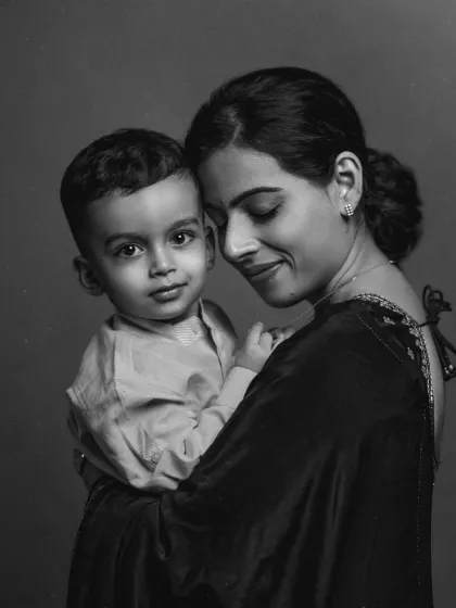 This black and white portrait of a mother and her son is all about emotion. The studio environment helps to strip away distractions, leaving only the powerful, loving bond between them.